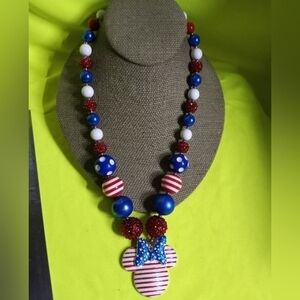 Patriotic mouse silvertone red white blue beaded flag colors necklace colorful